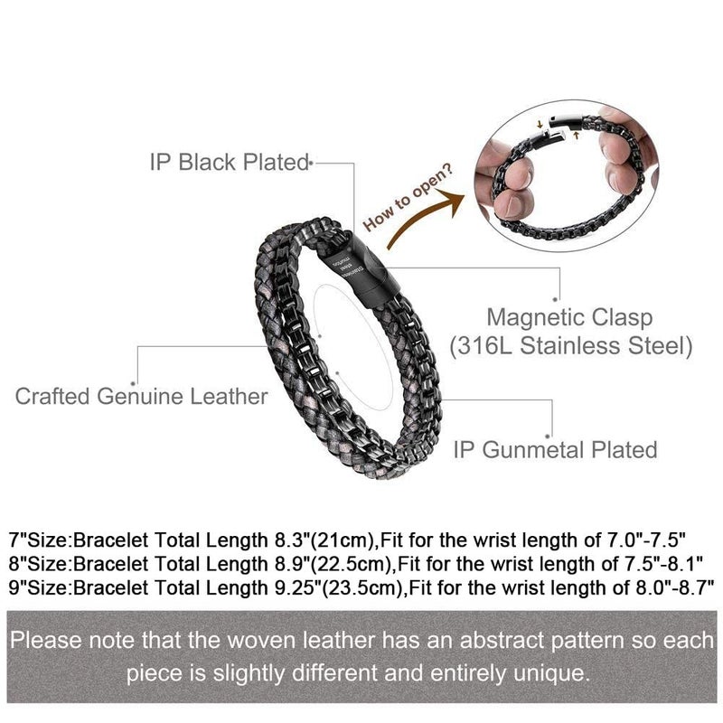 murtoo Mens Bracelet Leather and Steel, Stainless Steel Chain and Leather Bracelets for Men (Black-grey, 9.25") - Image 2
